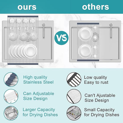 BBXTYLY Extra Large Expandable Roll Up Dish Drying Rack,Over The Sink Drying Rack Sink Cover Kitchen Sink Accessories Kitchen Rolling up Stainless Steel Drainer, Foldable,Rollable（Gray，25.1''-12.4''）