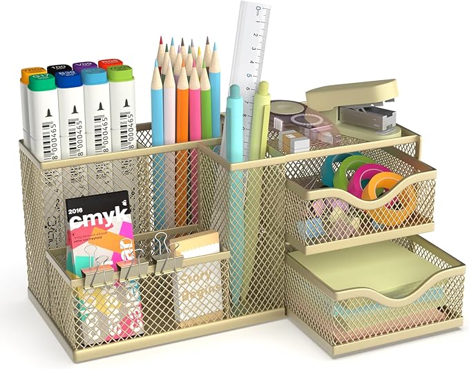 Mesh Desk Organizer, Pen Organizer with 2 Drawers and 5 Compartments, Versatile Pen Holder for Small Space, Desk Organizers and Accessories for School Office Supplies, Gold