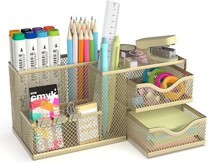 Mesh Desk Organizer, Pen Organizer with 2 Drawers and 5 Compartments, Versatile Pen Holder for Small Space, Desk Organizers and Accessories for School Office Supplies, Gold
