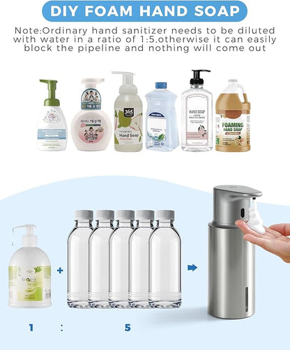 DODO MEKIA Automatic Foaming Soap Dispenser Touchless, 304 Stainless Steel Bottle Body &16.2oz/480ml Rechargeable, 3 Adjustable Liquid Levels, IPX7 Waterproof, for Kitchen Bathroom, Stainless Steel