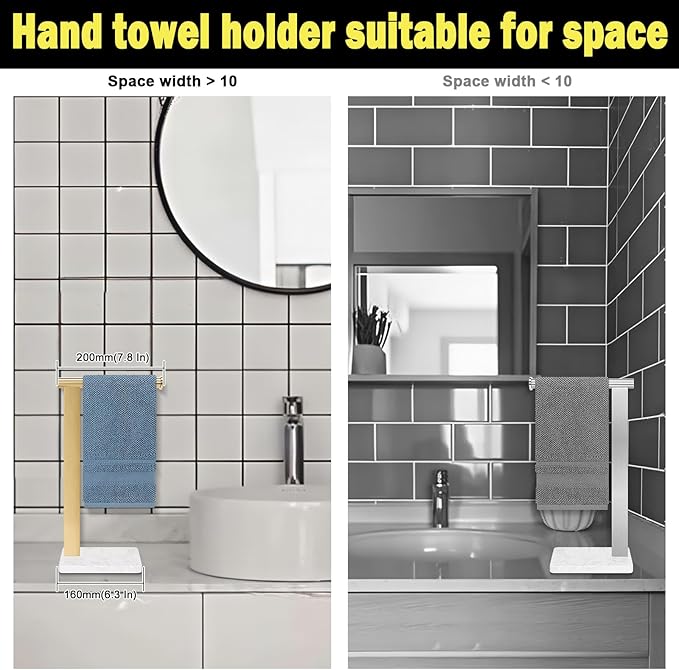 Stainless Steel L-Shaped Hand Towel Holder, SUS304 Bathroom Towel Rack with Thickened Base for Countertop Vanity (Gold, Square Base)