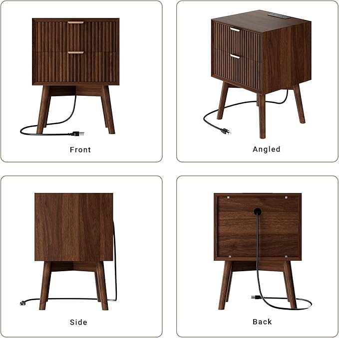 FavourLife Fluted Nightstand, Night Stand Set 2, Nightstands Set of 2 with Beveled Edges & Solid Wood Legs, 2 Drawer Wooden End Table with Charging Station, Modern Bedside Table for Bedroom, Walnut
