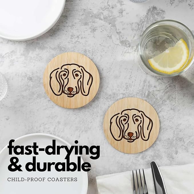 Set of 6 Bamboo Laser-Engraved Fun Dog Coasters with Iron Holder - Gift Packaging 3.9 Inch Non-Stick Absorbent Durable and Unbreakable Wooden Cup Coasters for Dog Lovers (Dachshund)
