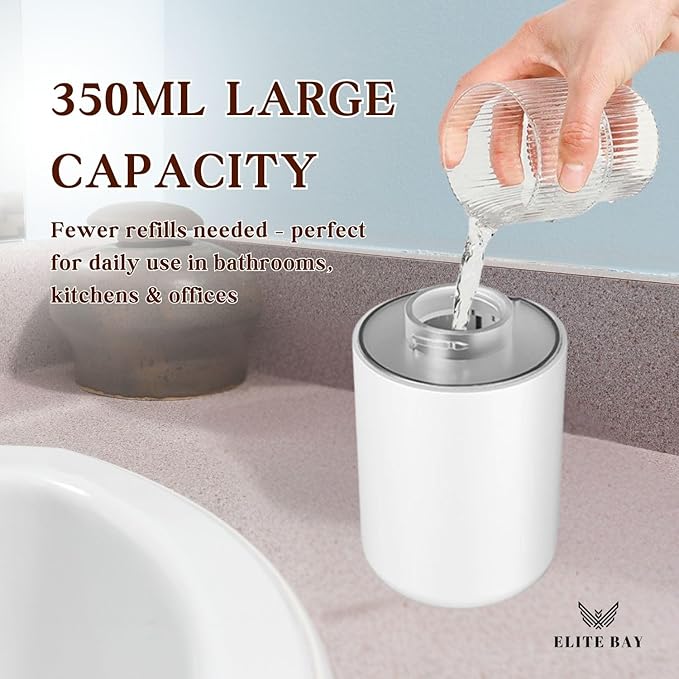 ELITE BAY Auto Foam Soap Dispenser-Touchless Soap Dispensor with Four- Speed Foam Settings | 350ml Capacity | Rechargeable 1200mAh Battery. USB Charging | ABS+PP Material | 1.5W Power White.