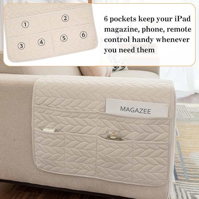 HADEEONG Sofa Armrest Organizer Arm Chair Caddy for Recliner, Remote Control Holder for Recliner, Non-Slip Armchair Caddy with 6 Pockets Storage for Magazine, Tablet, Phone, Beige