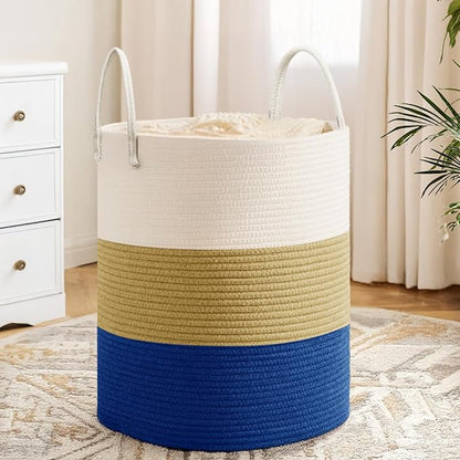Cotton Rope Basket，Large Blanket Basket for Living Room,Woven cotton rope laundry baskets，For Bathroom Dirty Clothes ，Nursery Toys，pillow storage organization, 80L,white and dark blue.