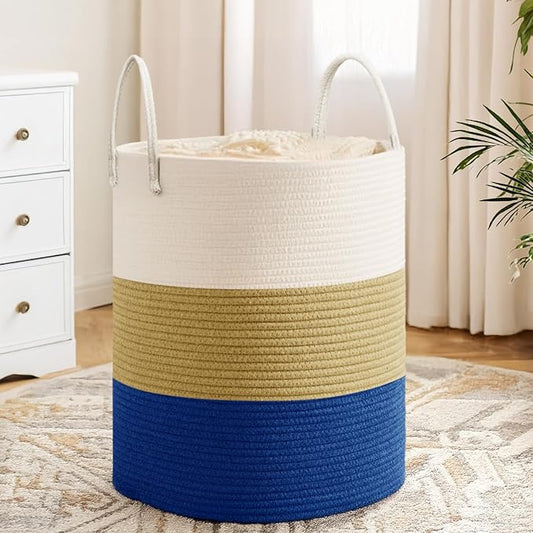 Cotton Rope Basket，Large Blanket Basket for Living Room,Woven cotton rope laundry baskets，For Bathroom Dirty Clothes ，Nursery Toys，pillow storage organization, 80L,white and dark blue.