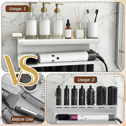 Wall Mount Holder for Hair Dryer Styler, White Storage Rack Organizer for Hair Curling Iron & Attachments – Space-Saving Bathroom Bracket Stand, No-Drill Installation