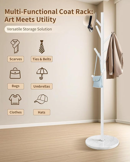 Modern Coat Rack Stand, Metal Freestanding Coat Rack with Natural Marble Base, White Coat Racks with 8 Hooks and Coat Hanger Tree Jacket Stand for Office, Entryway, Hallway