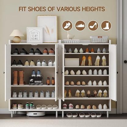 ONBRILL Shoe Storage Cabinet with Cross Molding Doors, 6-Tier Farmhouse Shoe Cabinet with 3 Adjustable Shelves and Metal Legs, 45'' Tall Shoes Rack Organizer Cabinet for Entryway, Front Door, White