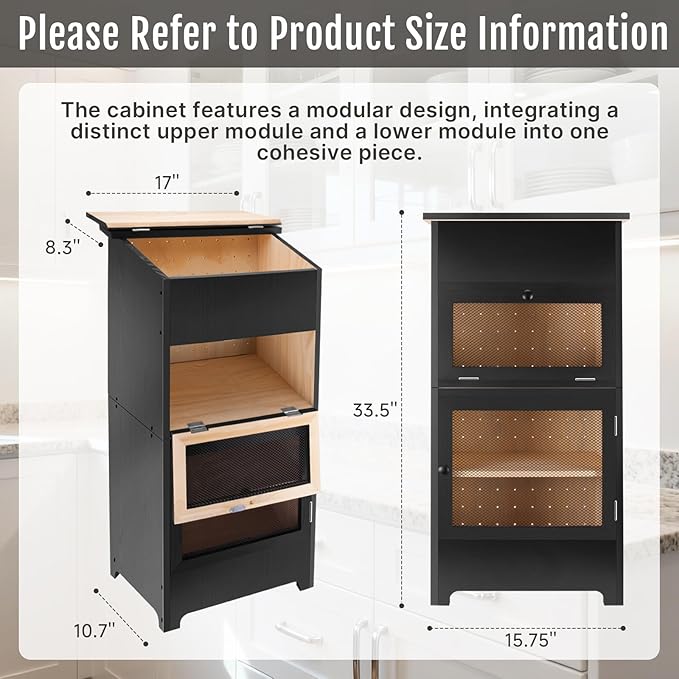 Large Potato and Onion Storage Bin - Wooden Stackable Bread Storage Box with Lid & Mesh Doors, Decorative Fruit and Vegetable Organization Cabinet for Kitchen, 15.75"W x 10.7"D x 33.5"H (Black)