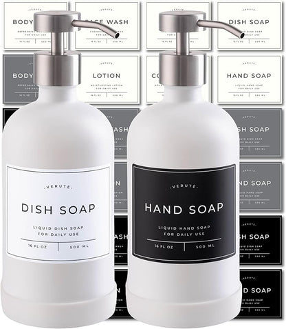 Hand and Dish Soap Dispenser for Kitchen and Bathroom, Set of 2 16 Oz Glass Bottles, Stainless Steel Pumps, Non-Slip Silicone Base, 27 Waterproof Labels (Matte White Bottle/Brushed Silver Pump)