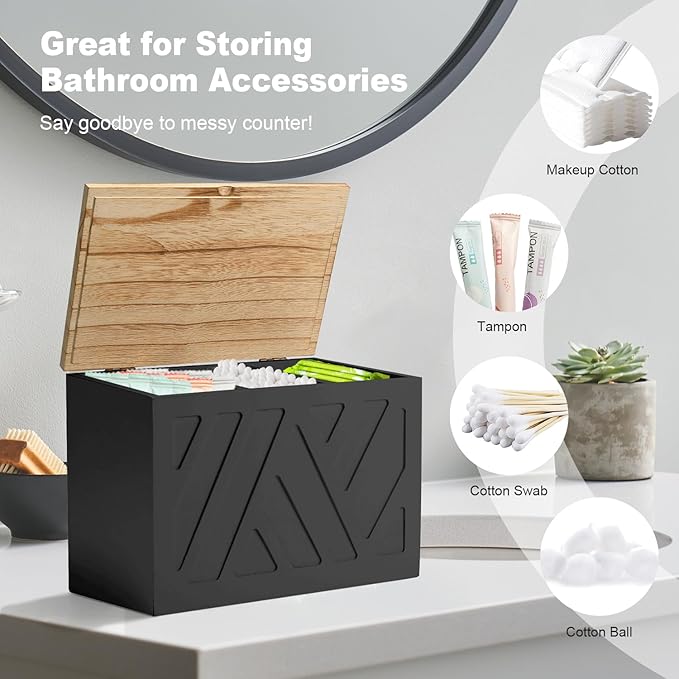 Tampon Holder for Bathroom, Feminine Product Organizer, Pad Organize Case with Lid, Shark Week Wooden Tampon Storage Decor, Lady Girl Stuff Box for Toilet Bathroom Accessories- Black