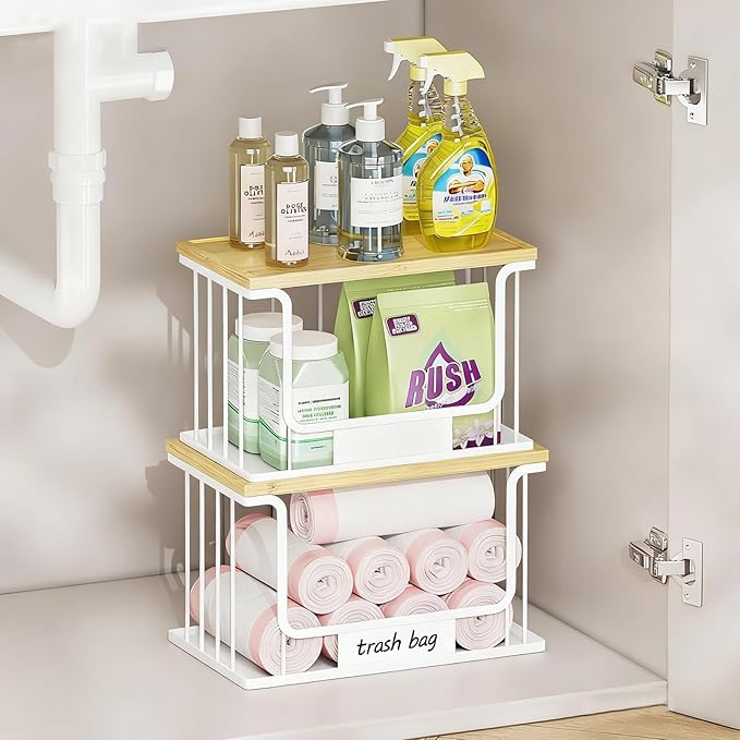 2 Pack Trash Bag Holder, Extra Large and Large Stackable Garbage Bag Dispenser Under Sink with Bamboo Top & Metal Base for Kitchen Countertop Storage, Laundry, Pantry Organizer (White, L+XL)