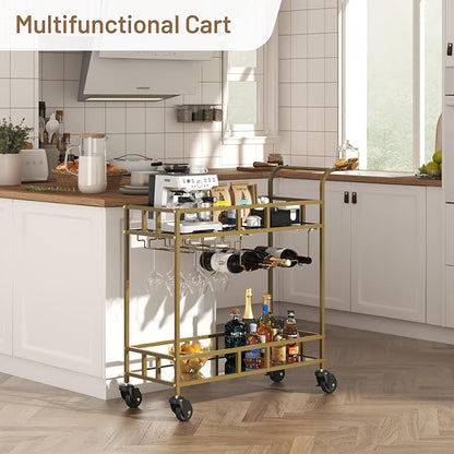 TrailBlaze Gold Mirrored 2-Tier Rolling Bar Cart – Beverage & Wine Service Trolley with 4 Bottle Racks & 3 Glass Holders – Compact Metal Design for Home, Kitchen, Dining, Living Room – 34x15x35in