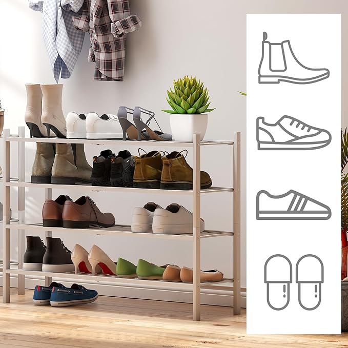White 4-Tier Long Shoe Rack, Bamboo Wood, 33-Inch