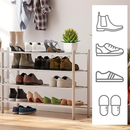 White 4-Tier Long Shoe Rack, Bamboo Wood, 33-Inch