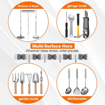Broom Holder Wall Mount, Mop and Broom Organizer Broom Hanger Storage Tool Utility Racks Stainless Steel Wall Hooks Solid Mop Rack for Home Kitchen Garden Laundry Garage (5 Racks 4 Hooks)