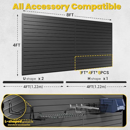 SlatWall Paneling 4x8 FT, PVC Slat Wall Panels with 16 Hooks Heavy-Duty Garage Organization System, Slatwall Pegboard Suitable for Home、Garage、Shop Wall Display & Organization (Black)