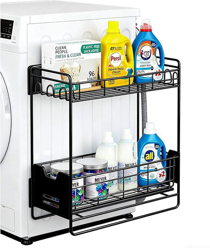 Magnetic Shelves for Washing Machine with Pull Out Shelf, Black Magnetic Sliding Racks for Side of Fridge, Magnetic Laundry Shelf with 5 Hooks, Magnet Laundry Room Organizer