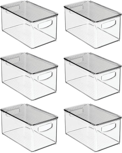 mDesign Plastic Deep Storage Bin Box Container with Lid and Built-In Handles - Organization for Fruit, Snacks, or Food in Kitchen Pantry, Cabinet, Cupboard, Ligne Collection, 6 Pack, Clear/Smoke Gray