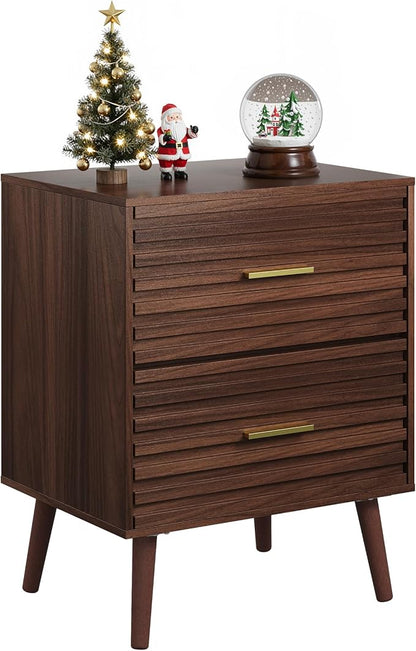 WLIVE Wood Night Stand with 2 Drawers, Mid Century Modern Nightstand, Fluted Bed Side Tablefor Bedroom, Dorm, Living Room End Table
