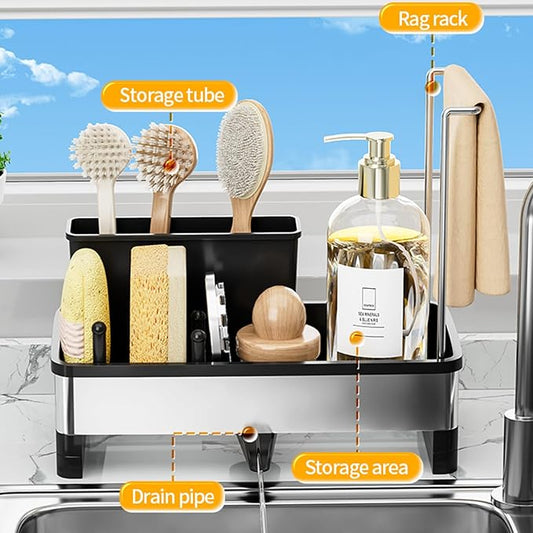 SOVGIZF Sponge Holder for Kitchen Sink,Sink Caddy Organizer with Removable Brush Holder,Kitchen Countertop Soap Dispenser Storage with Detachable Towel Rack,Black