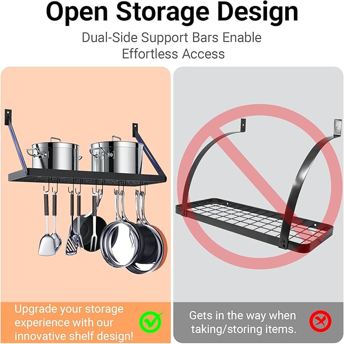 Miyili Pot Rack Square Grid Wall Mounted Kitchen Pot And Pan Organizer Shelf With 10 Hooks, 24 by 10-inch (Black), KR301B1