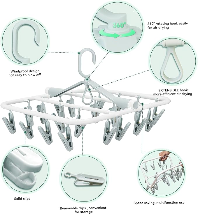 Plastic PP Drying Hanger, Anti-Rusty Drying Rack for Clothes, Socks, Lingeries, Delicates, Drying Hanger with 20 Clips for Baby Clothes, Towels