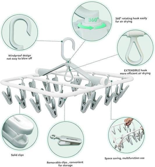 Plastic PP Drying Hanger, Anti-Rusty Drying Rack for Clothes, Socks, Lingeries, Delicates, Drying Hanger with 20 Clips for Baby Clothes, Towels