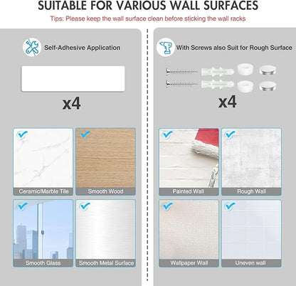 Wall Mount Mop and Broom Holder, Heavy Duty Stainless Steel Organizer Rack with Hooks | 4-Pack, 2-in-1 No Drill & Screw Installation, Silver