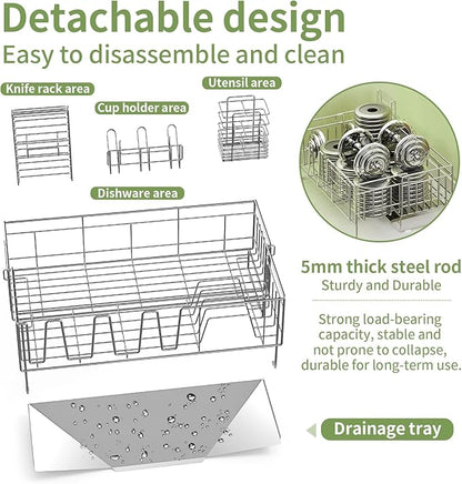 Large Dish Drying Rack - Rust Resistant Dish Rack,Expandable Kitchen Counter,Drainage Board with Sloped Design,Removable Cutlery Holder,Cup Knife Holder,Easy-to-Clean Full Hollow Design-Silver-L