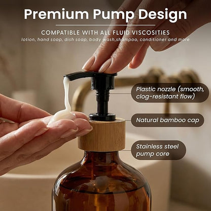 Maisonovo Glass Soap Dispenser Bathroom Set | Hand Soap and Dish Soap Dispenser Set | 16.9oz Amber Bottles with Black Bamboo Pump | Bathroom Lotion Dispenser with Pump Set of 2