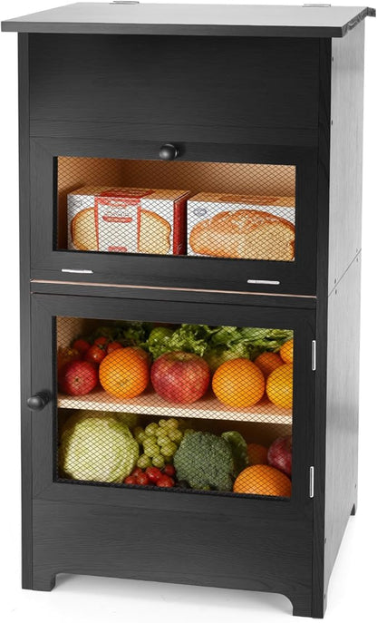 Large Potato and Onion Storage Bin - Wooden Stackable Bread Storage Box with Lid & Mesh Doors, Decorative Fruit and Vegetable Organization Cabinet for Kitchen, 15.75"W x 10.7"D x 33.5"H (Black)