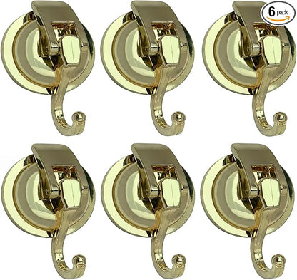 YSSILADI Heavy Duty Vacuum Suction Shower Hooks Glass Suction Cup Bathroom Robe Hooks, Reusable, No Hole Punched, for Garland Decoration (Gold, 6 Pack)