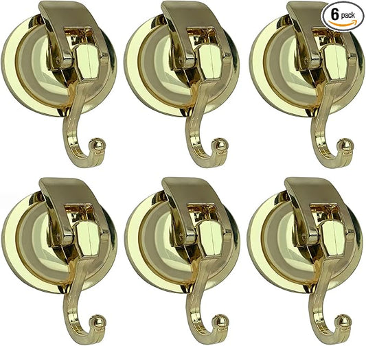 YSSILADI Heavy Duty Vacuum Suction Shower Hooks Glass Suction Cup Bathroom Robe Hooks, Reusable, No Hole Punched, for Garland Decoration (Gold, 6 Pack)