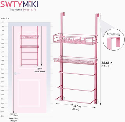 SWTYMIKI SWTYMIKI Over The Door Towel Racks for Bathroom - 5-Tier Wall Mounted Bathroom Towel Storage Organizer Holder with Metal Shelf, Pink
