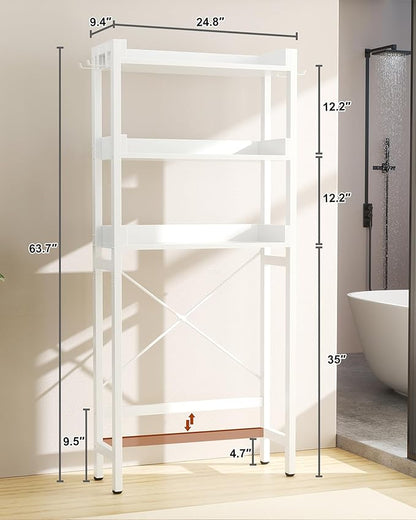 Ecoprsio Over-The-Toilet Storage Rack, 3-Tier Bathroom Organizer Shelf Over Toilet, Freestanding Space Saver Toilet Stands with 4 Hooks, White