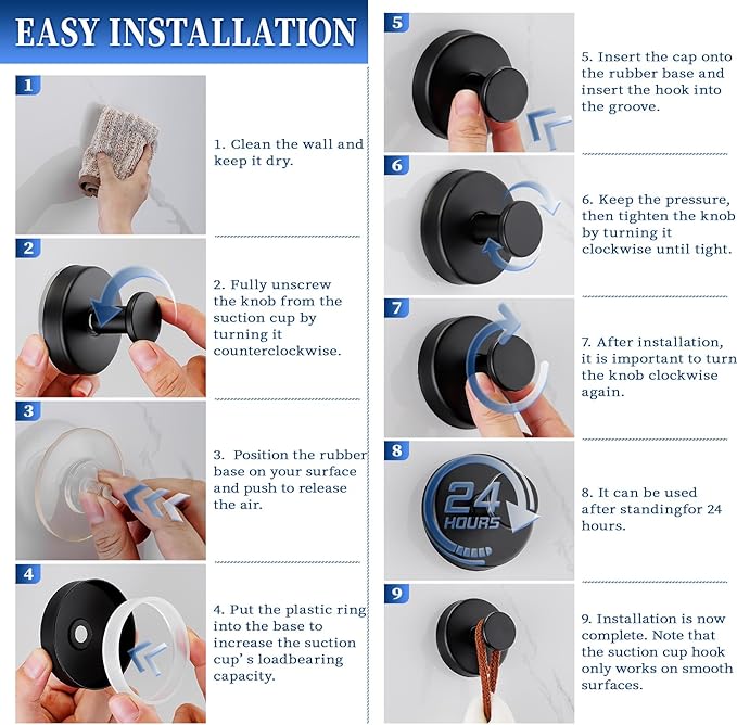 warlve Suction Cup Hooks No Drill Stainless Steel Shower Hooks Towel Hook Heavy Duty on Smooth and Non-Porous Surfaces in Bathrooms Kitchen Bedroom (2, Matte Black)