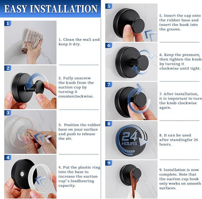 warlve Suction Cup Hooks No Drill Stainless Steel Shower Hooks Towel Hook Heavy Duty on Smooth and Non-Porous Surfaces in Bathrooms Kitchen Bedroom (2, Matte Black)