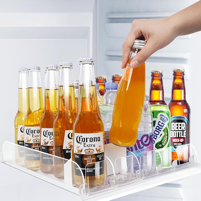 SOLY Drink Organizer for Fridge, Automatic Soda Can Dispenser with Pusher, 5-Row Refrigerator Drink Organizer Holds 25–30 Cans, 14.96" Deep