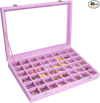 Velvet Jewelry Tray 48 Compartments Jewelry Display Organizer with Transparent Cover Rings, Earrings, Necklaces, Pendants Storage Box for Girls, Wives, Mothers, Women