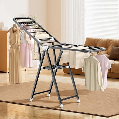 MIKEE Clothes Drying Rack,Foldable Laundry Drying Rack for Indoor & Outdoor Use，with Height-Adjustable Wings，2-Tier Clothes Rack with Windproof Hanging Holes and Wheels，132 lb