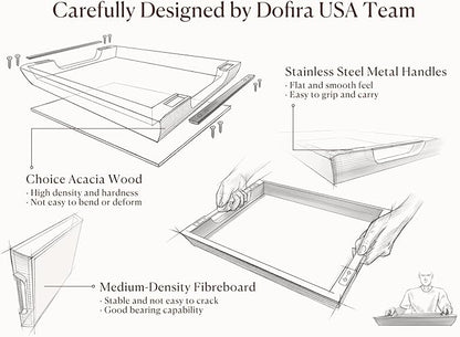 Acacia Wood Serving Tray with Metal Handles, 17x13in Food Drinks Tray for Coffee Table, Breakfast, Dinner & Bar, Rustic Decorative Storage Tray for Ottoman, Kitchen, Elegent Gift Packaging