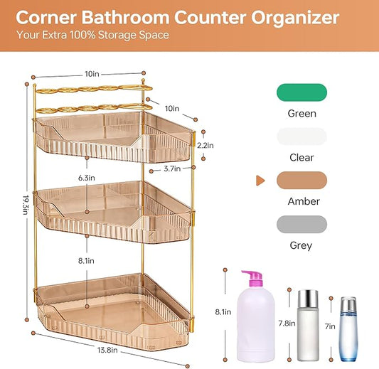 ZZWILLB Corner Bathroom Counter Organizer with Makeup Brush Holder & Toothbrush Holders, Makeup Organizer for Vanity Countertop, Acrylic Skincare Storage Shelf (Amber, 3-Tier)