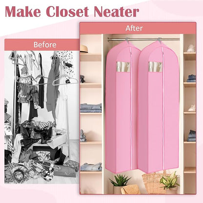 2 Pcs 10" Gusseted Garment Bags for Hanging Clothes Dress Bags for Gowns Long Closet Waterproof Garment Covers Wedding Dress Cover Traveling Clothes Protector (Pink,65 Inch)