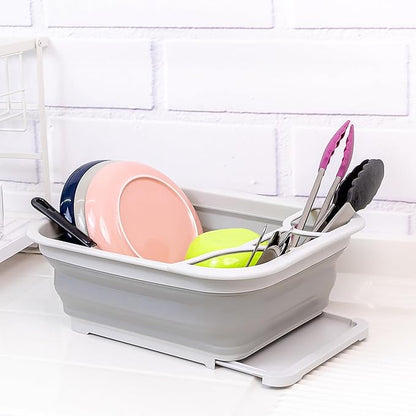 SAMMART Collapsible Dish Drainer with Drainer Board - Foldable Drying Rack Set - Portable Dinnerware Organizer - Space Saving Kitchen Storage Tray (1, Grey)