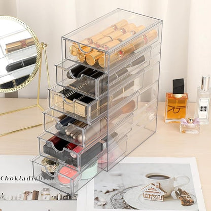 Hipiwe Plastic Drawer Organizer Clear Desktop Drawers Box with 6 Pull Out Drawer Compact Storage Box for Cabinet Vanity Bathroom Bedroom Pantry Shelf Office Closet Organization