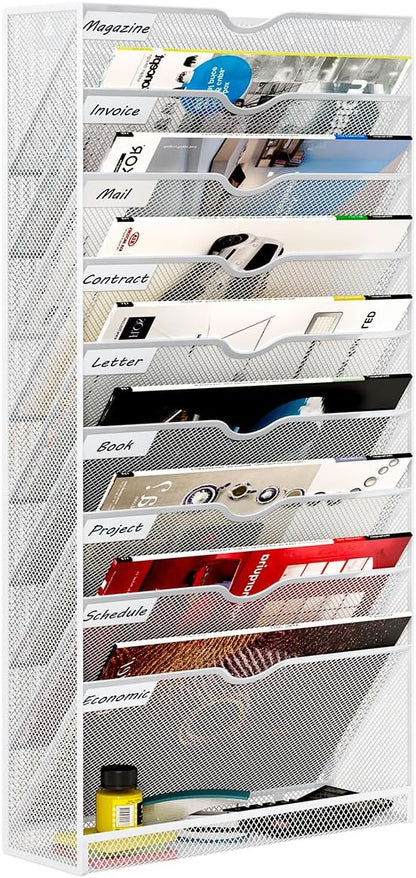 Hanging Wall File Organizer,10-Tier Desk File Mail Holder, Paper Bill Organization For Office Home School, White