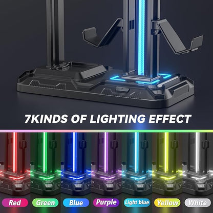 KDD RGB Multi-Controller Holder with 9 Light Modes - Rotatable Universal Headphone Hanger - Controller Stand with 6 Detachable Hooks for Desktop Gamer Accessories